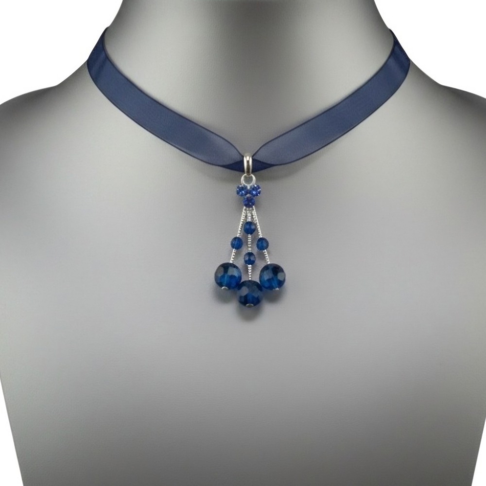 Blue Rhinestone Chandelier Pendant Navy Organza Ribbon Choker Necklace